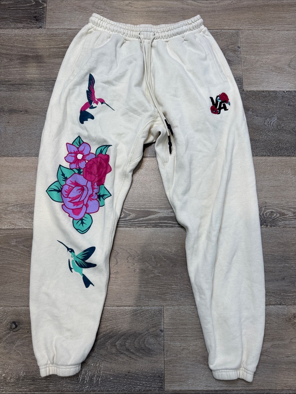 YoungLA Cream Joggers with Pink Floral & Teal Hummingbird Graphics 1332